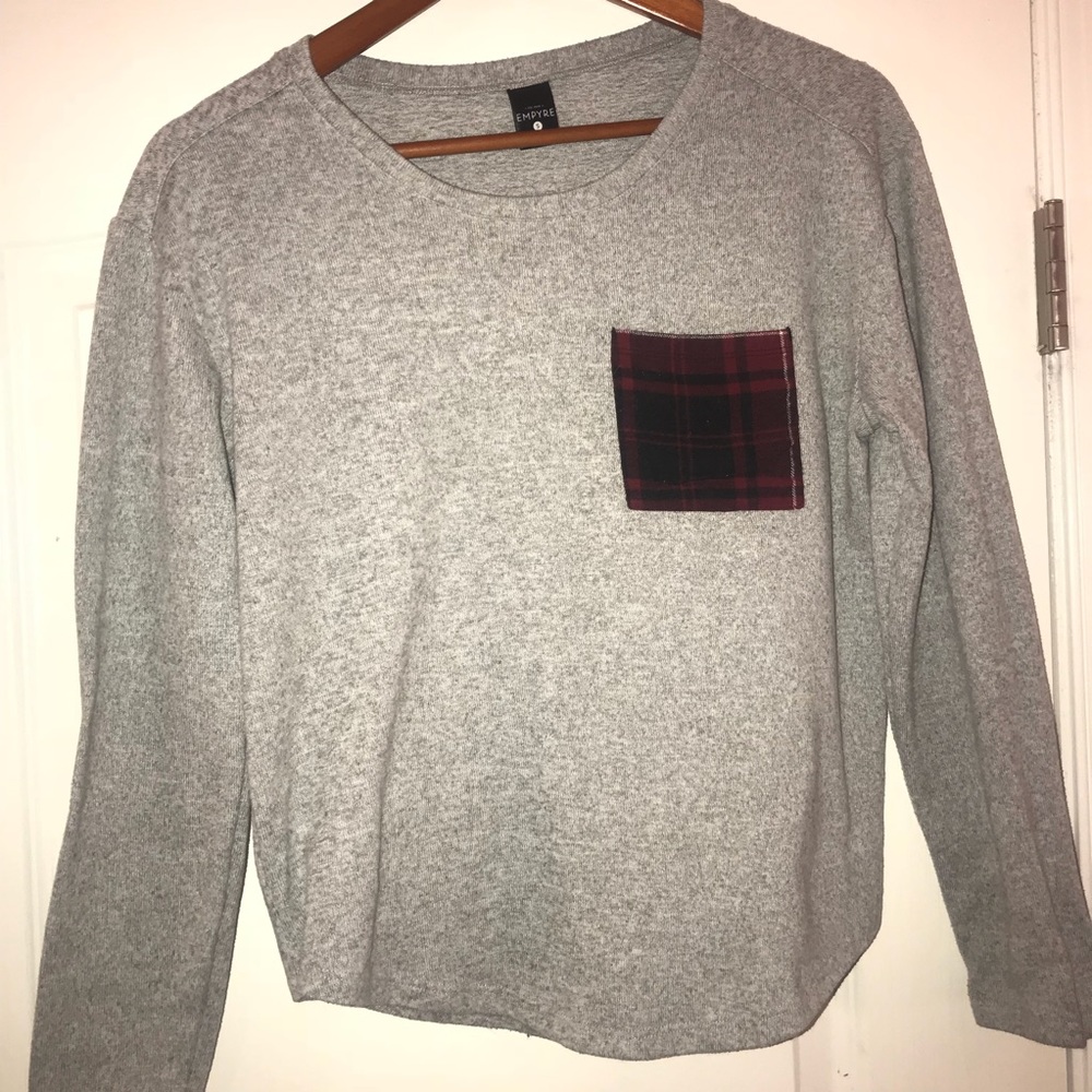 Grey Sweatshirt with Plaid Patch